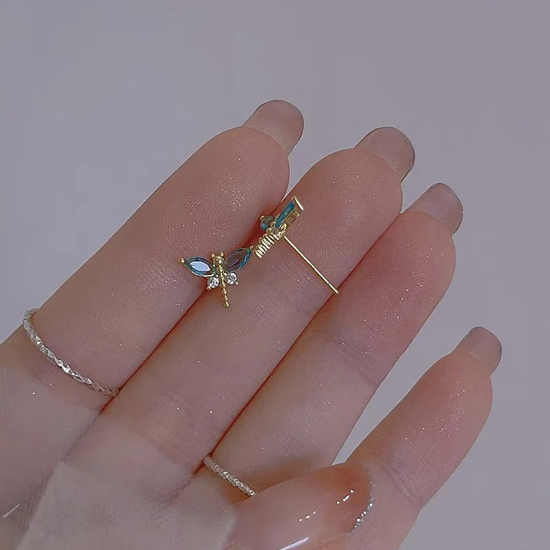 925 Sterling Silver Crystal Dragonfly Stud Earrings For Woman Christmas Gifts Piercing Jewelry Aretes De Mujer Party Gifts