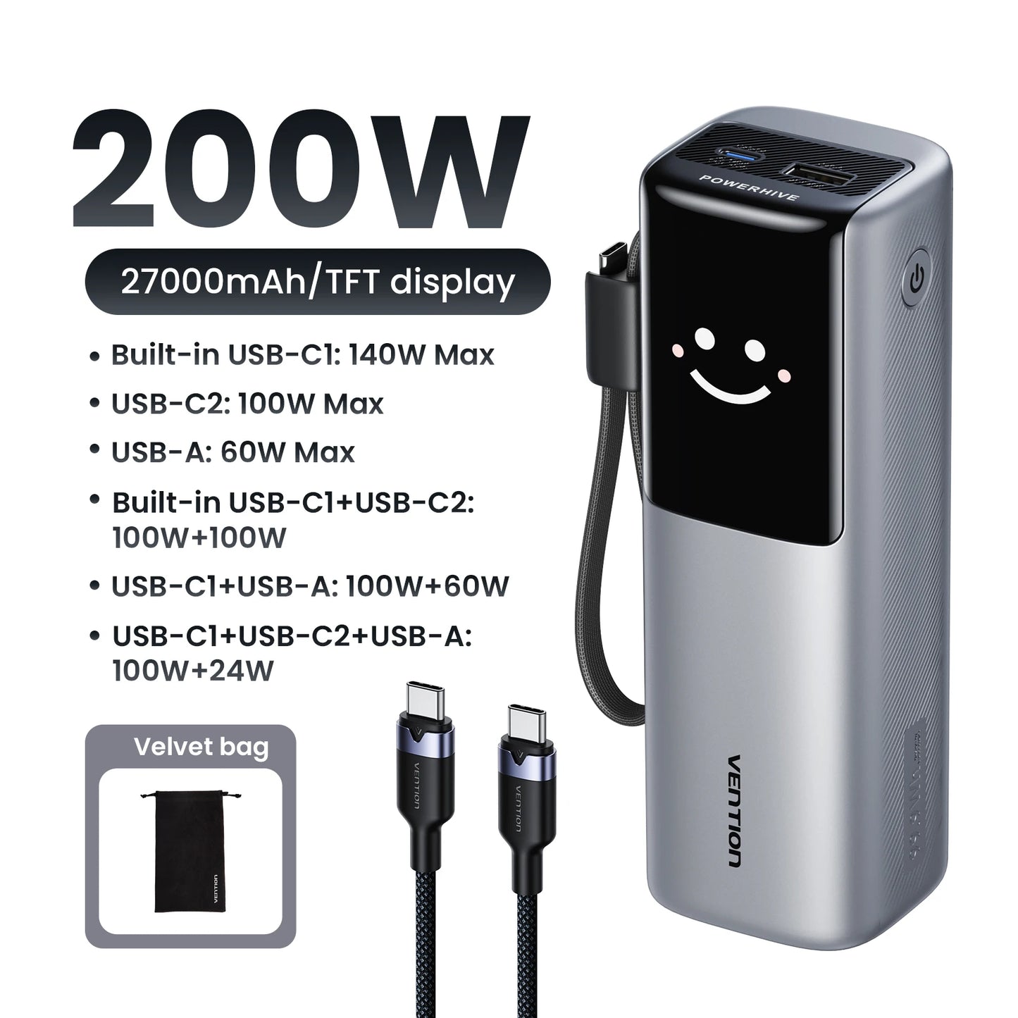 Vention 200W 27000mAh Power Bank Build-in Retractable USB-C Cable Portable External Battery Charger For Laptop Smart TFT Display