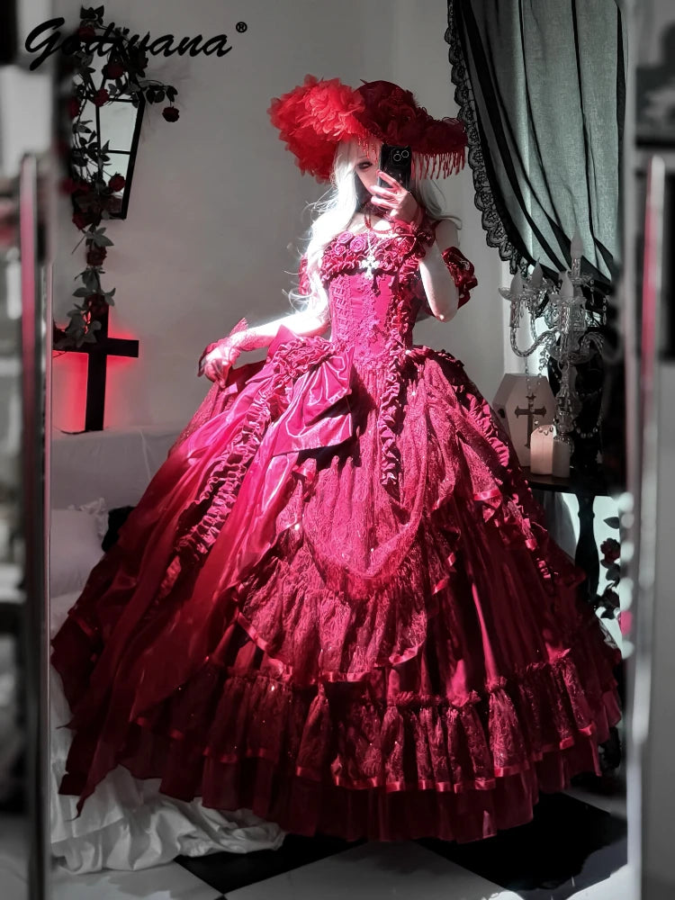 Original Burgundy Fish Bone Flower Wedding Dress Lolita Girl Women's Fairy Lace Bow Slim Maxi Long Party Birthday Dresses