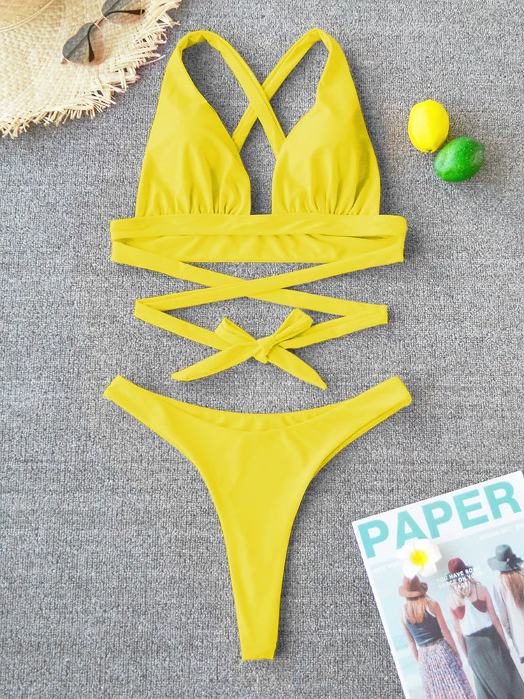 Sexy Bikini 2025 Solid Swimsuit Female Swimwear Women Push Up Bikini Set Cross Bandage Bathing Suit Beach Wear Swimming Suit