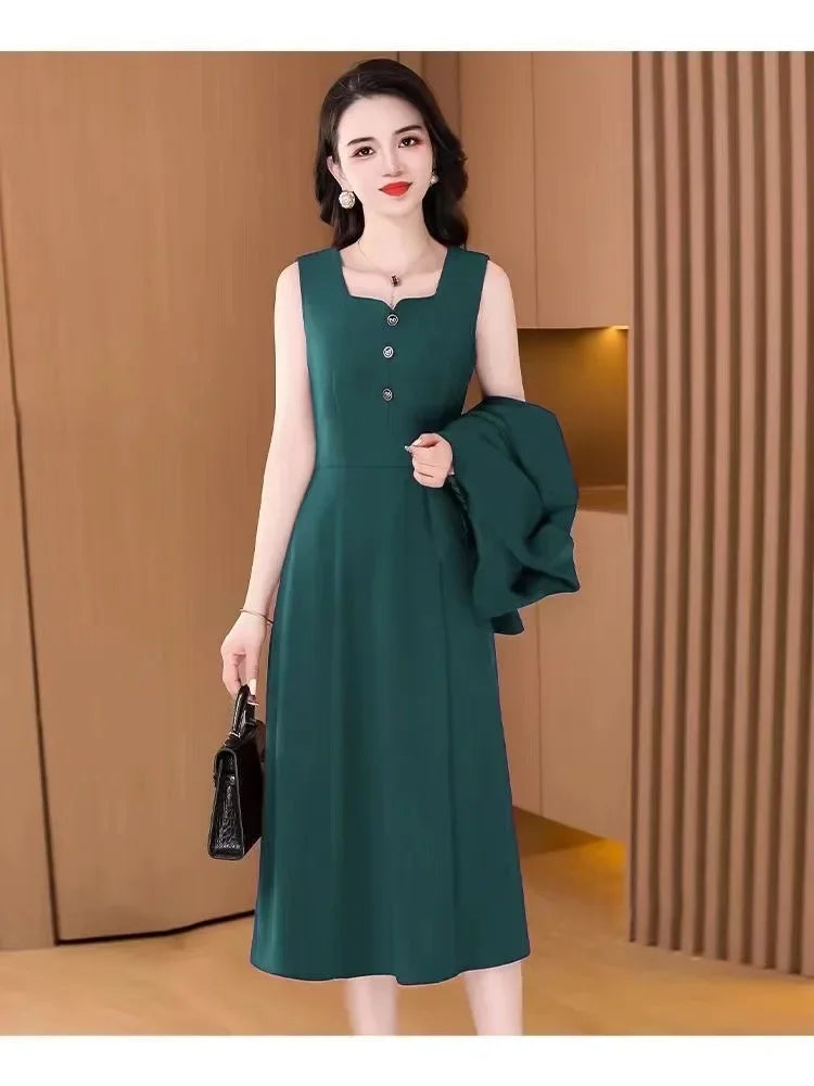 Elegant Slimming Autumn Winter Wedding Dress Set Long Ankle Length Cocktail Dresses with Suit Jacket for Wedding Banquet