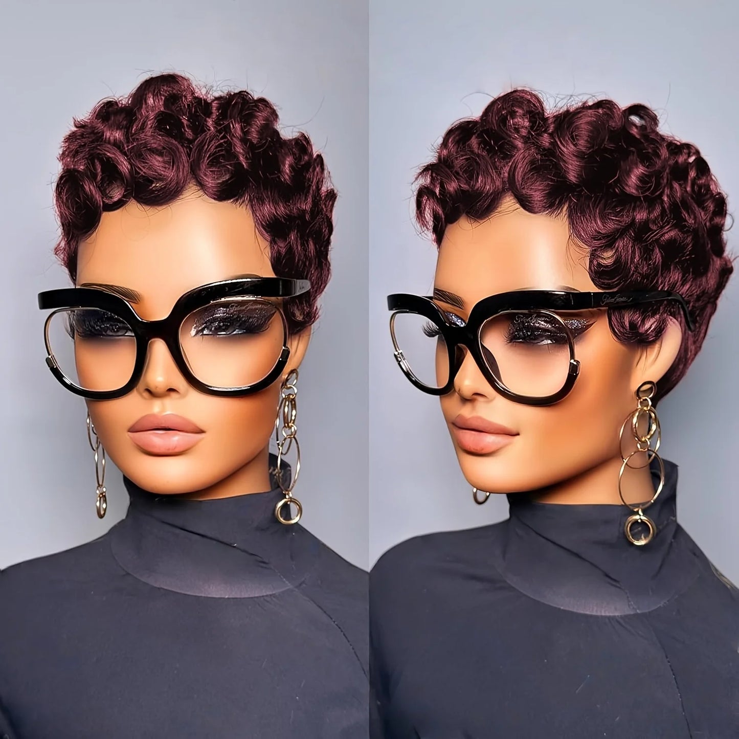 4# Short Pixie Curly Wigs Human Hair Chocolate Brown Chic Short Pixie Cut Human Hair Wig With Bangs Full Machine Made Wigs