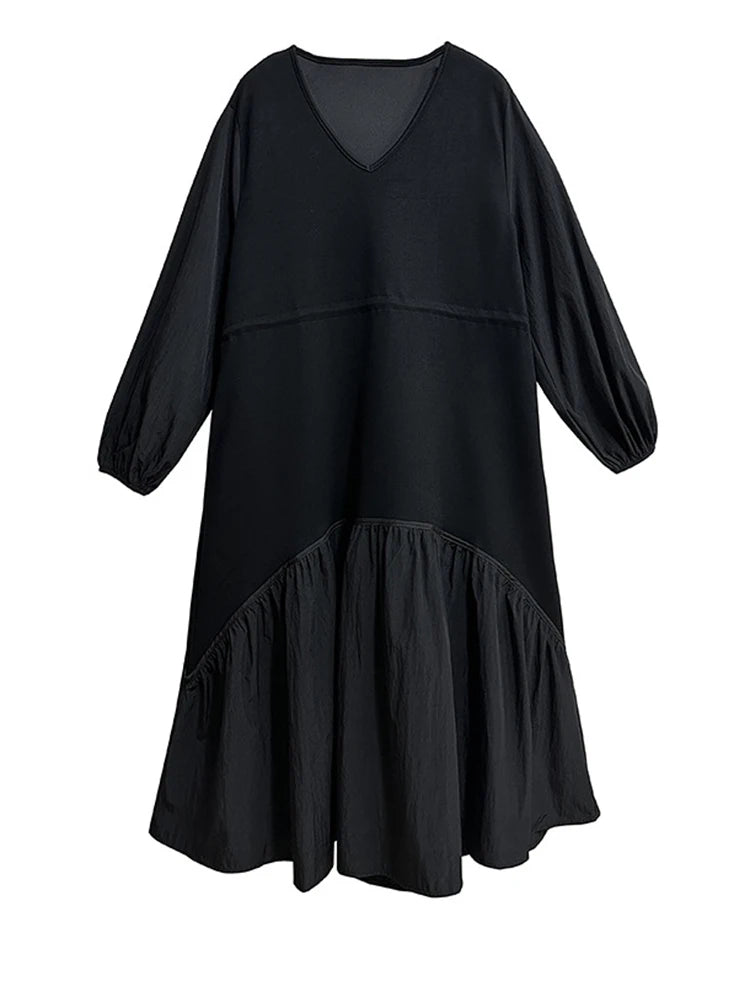 EAM Women Black Waist Drawstring Big Size Casual Midi Dress New V-Neck Long Sleeve Fashion Tide Spring Autumn 2026 1DJ3697