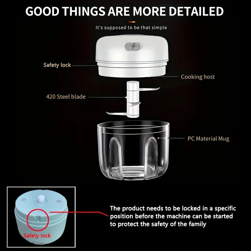 250ml mini rechargeable garlic chopper and meat grinder, durable and sturdy, suitable for grinding garlic, chili, onions, ground meat, nuts, and more