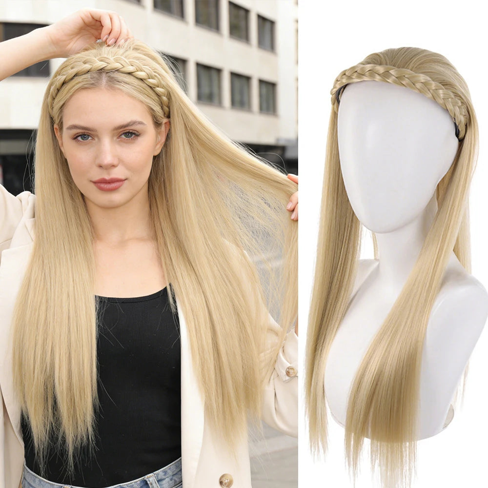 Synthetic Headband Wig 20‘’Long Straight Half Wigs For Women With Headband Heat-Resistant Hair Extensions