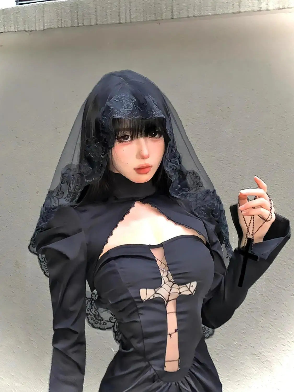 Winter Gothic Black Midi Dress Women Lace Veil Cross Decor Long Sleeve Slim-Fit Party Dress Female Halloween Cosplay Outfit 2025