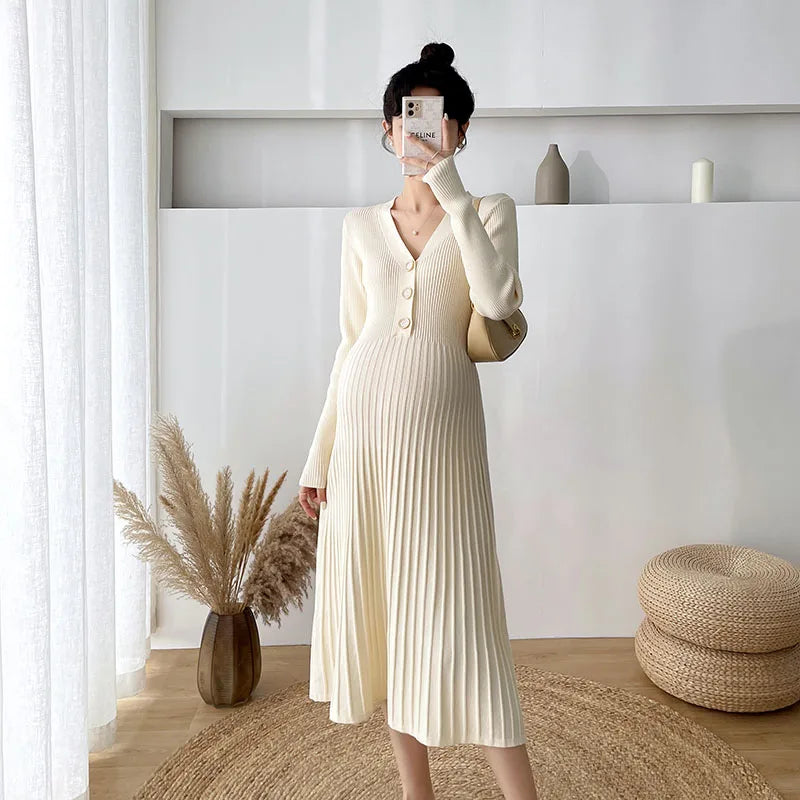 Autumn and Winter Maternity Clothing Long Sleeve V-Neck High Waist Button Fly Pregnancy Knitting Dresses Women Sweaters Knitwear