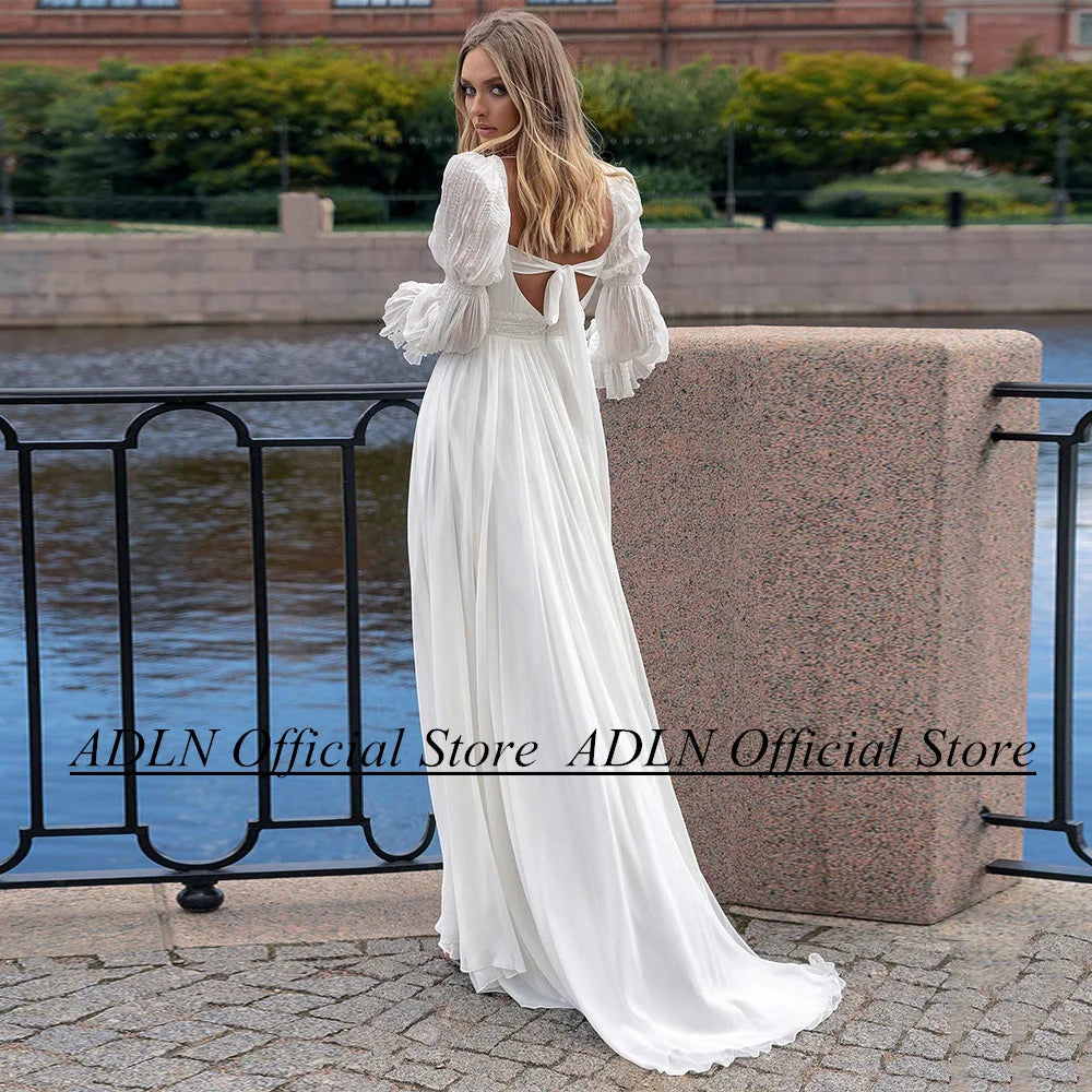 ADLN High Quality Beach Wedding Dresses Square Neck Puff Slevees Beading Pearl Sweep Train Chiffon Boho Bridal Gown Robe Mariage