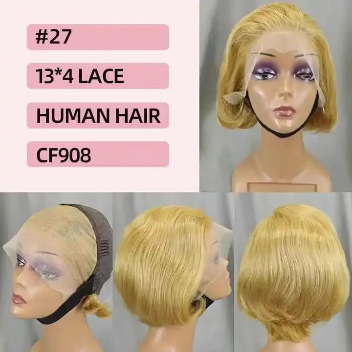 13x4 Lace Front Pixie Cut Bob Wig Highlight Honey Blonde Ombre Brazilian Remy Human Hair Pre‑Plucked Natural Hairline Soft
