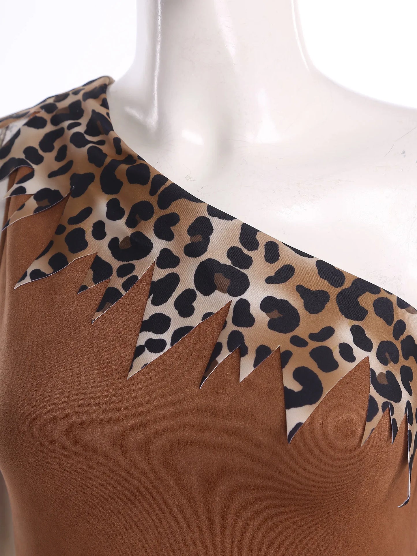 Women Halloween Prehistoric Cave Girl Costumes Print One Shoulder Jagged Hem Dress and Oversleeve for Role Play Theme Party