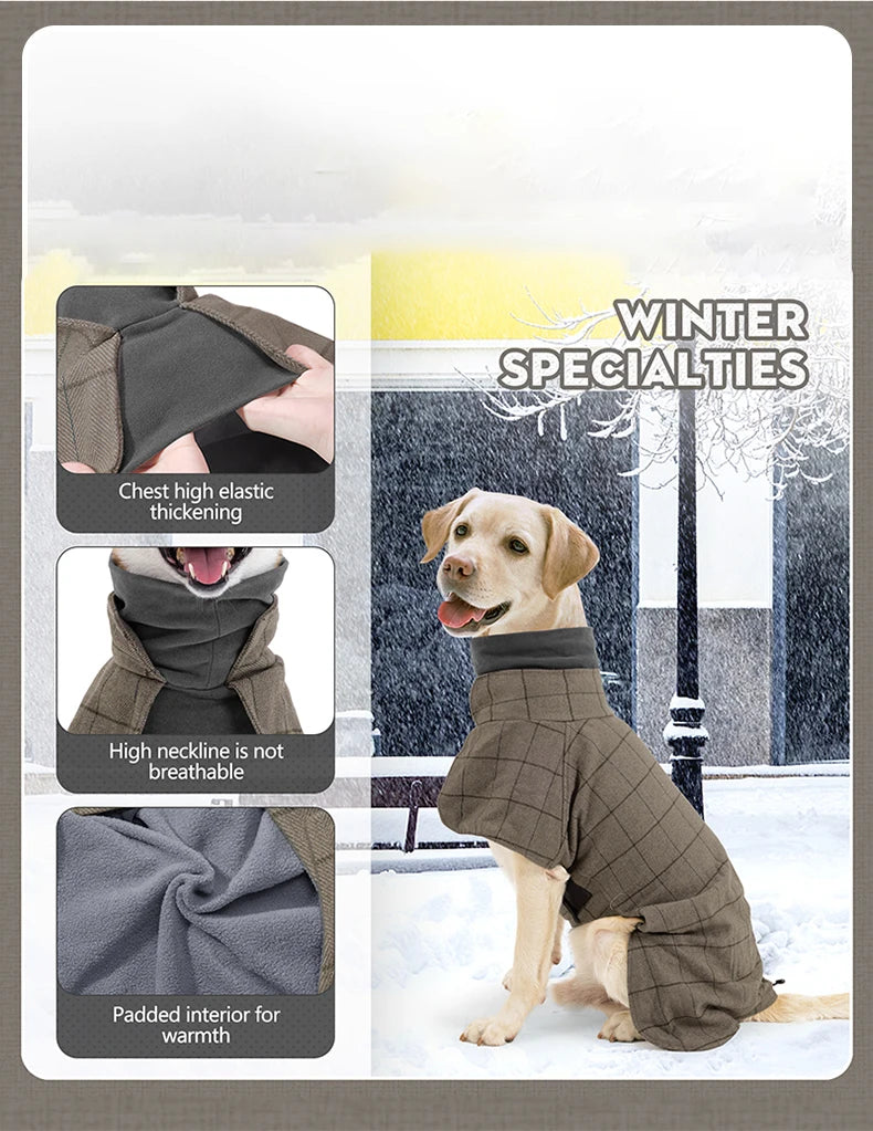 Thickened British Style Luxury Designer Dog Clothes High-neck Fashionable Plaid Dog Jacket with Leash Hook Large Dogs Dresses