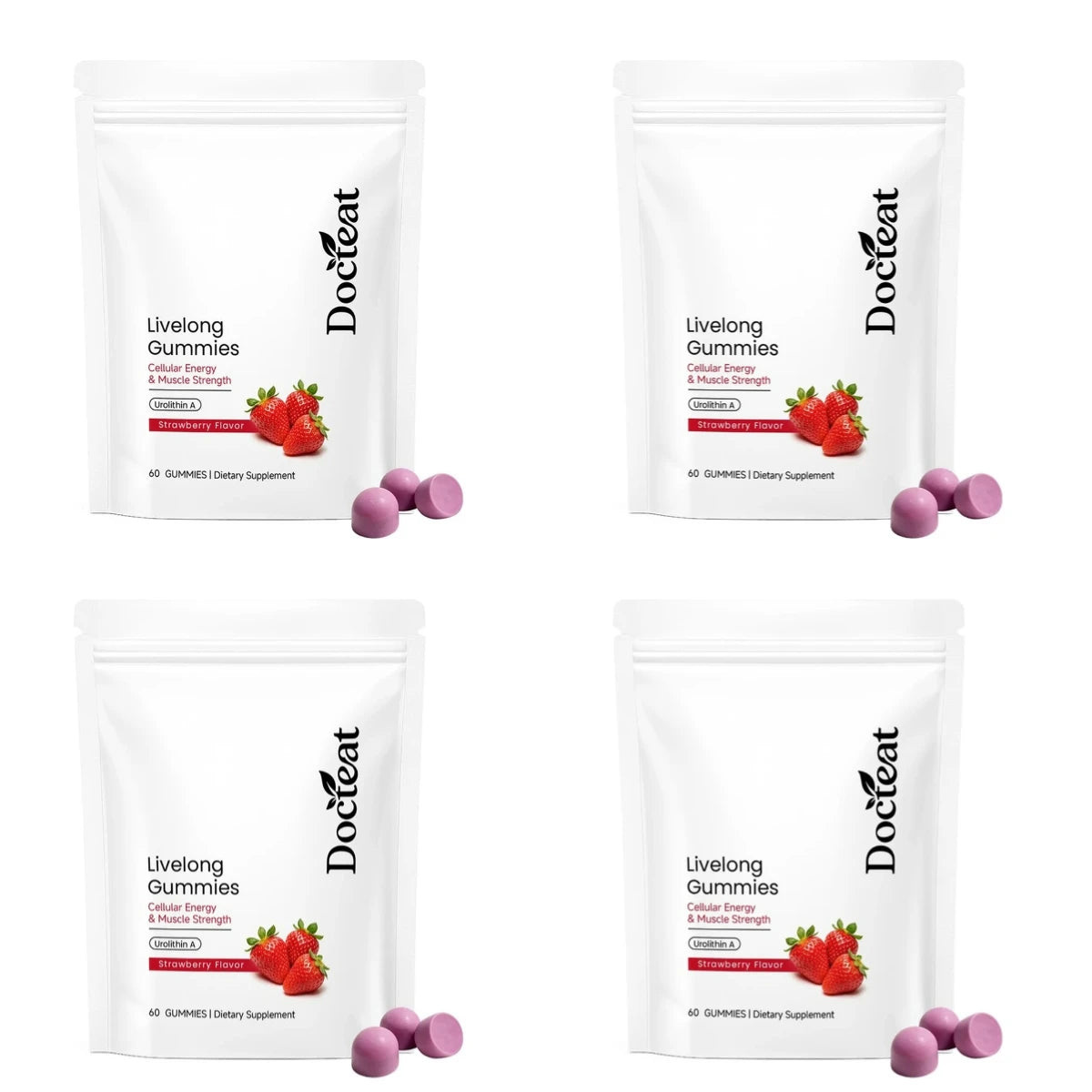Docteat Urolithin A Gummies 500mg per Serving, Strawberry Flavor Daily Cellular Wellness Support, 60 Gummies for Men Women