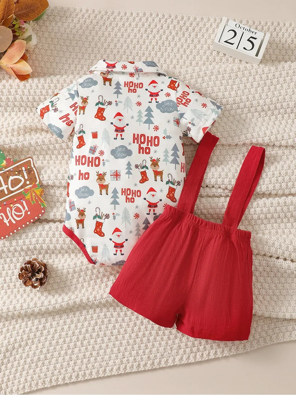 2PCS Newborn Baby Boy Christmas Clothing Set Short Sleeve Christmas Bodysuit+Overall Cute Holiday Party Wear for Baby 0-18Months
