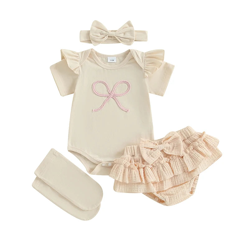 0-18M Newborn Infant Baby Girl Summer Outfits Bow Embroidery Short Sleeve Romper+Tutu Skirt Shorts+Socks +Headband Set