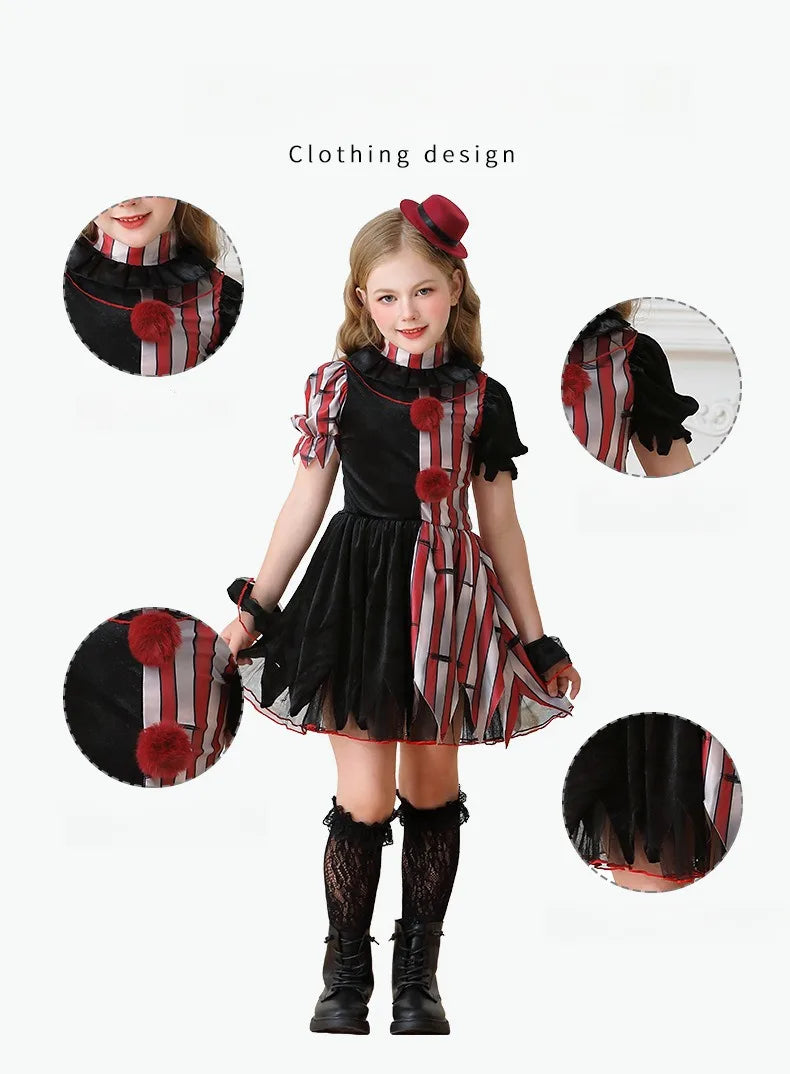 Halloween Cosplay Costumes Horror Clown Dresses Pants Headwear Clothes Sets Carnival Theme Party Role Playing Outfits for Girls