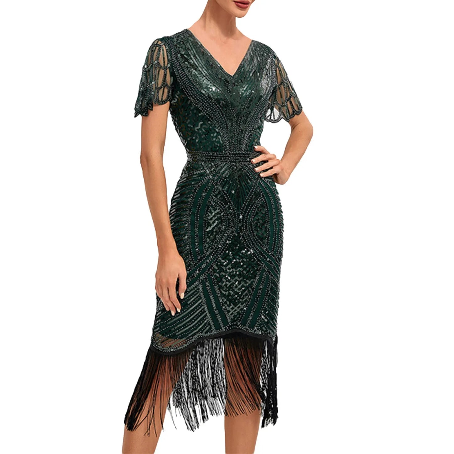 1920s Vintage Great Gatsby Dress Flapper Party Dress Women Tassels Hem Beaded Sequin Dresses Evening Cocktail Dress Elegant Robe