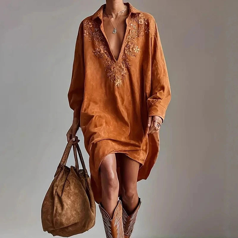 Spring Women Lapel V Neck Party Dress, Holiday Long Sleeve Retro Patchwork Midi Dress, 2026 Elegant Emboidered Ladies Dresses