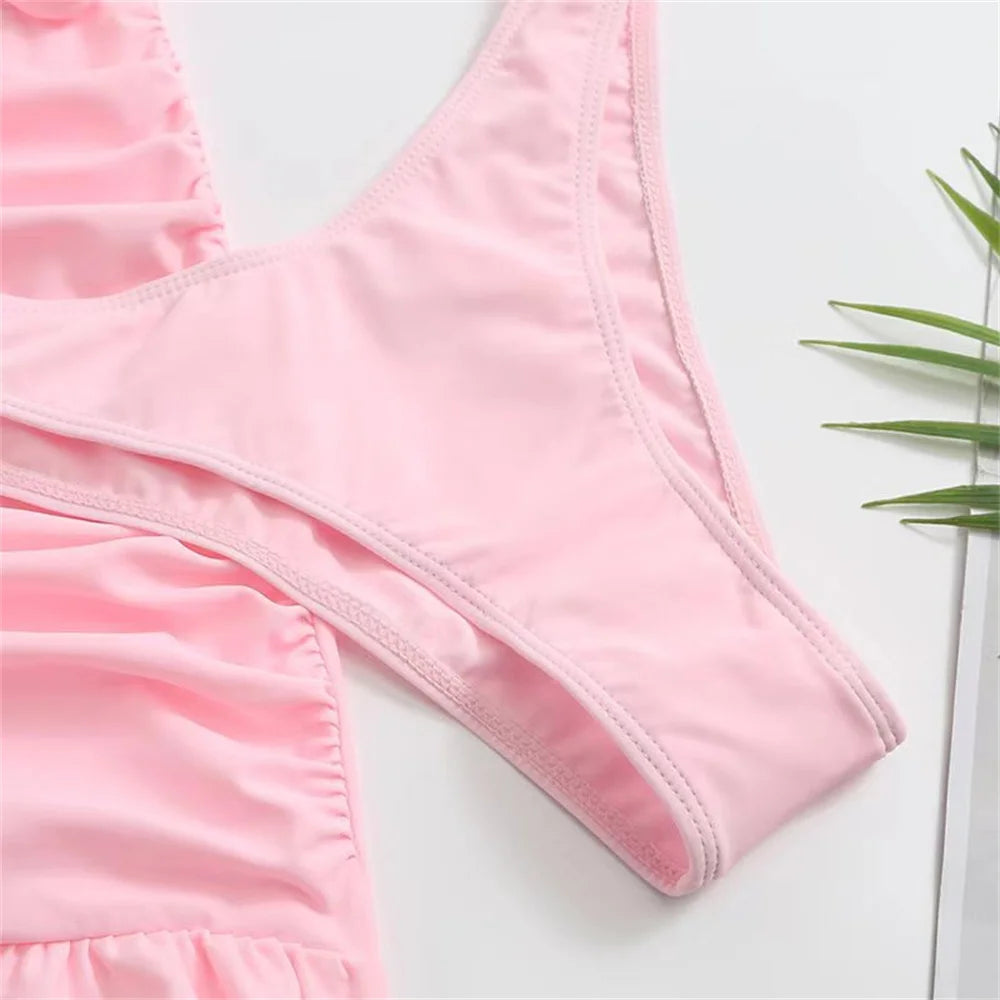Cute Pink Ruched Swimwear Push Up Bandage Bikini Thong Pleated Swimsuit 3 Piece Women's Skirt Beach Outfits Bikinis Bathing Suit
