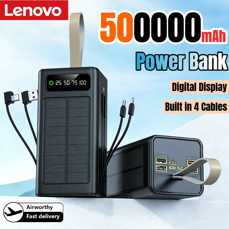 Lenovo 500000mAh Power Bank Large Capacity Portable LED Light Solar External Battery Four Interface Charger Powerbank 2026