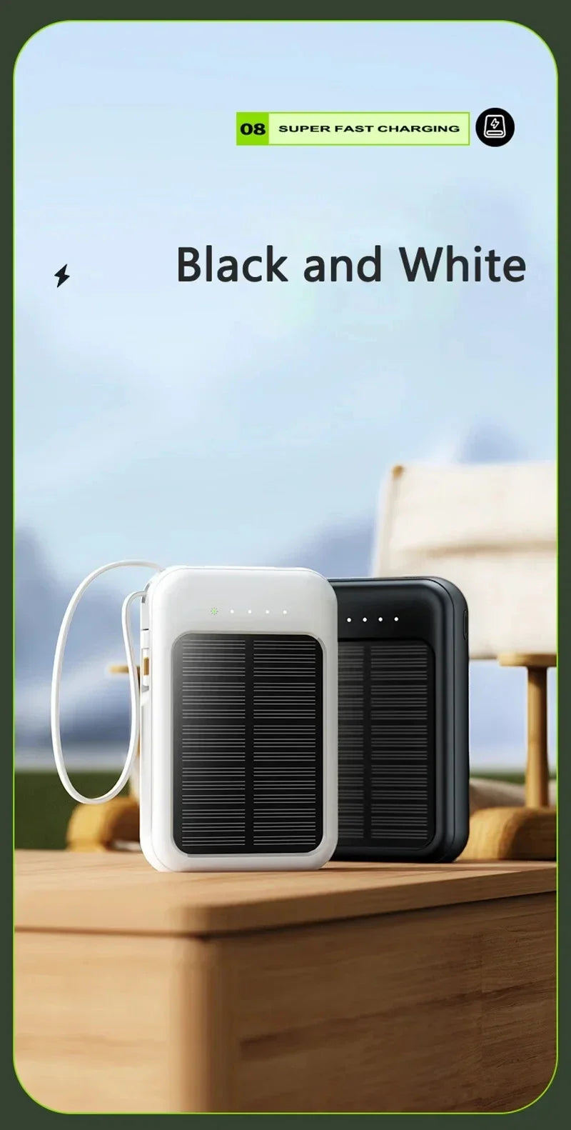 50000mAh High Capacity Solar Power Bank Built in Cable Solar Charger 2-USB Ports External Charger Power Bank LED Light 2026 New