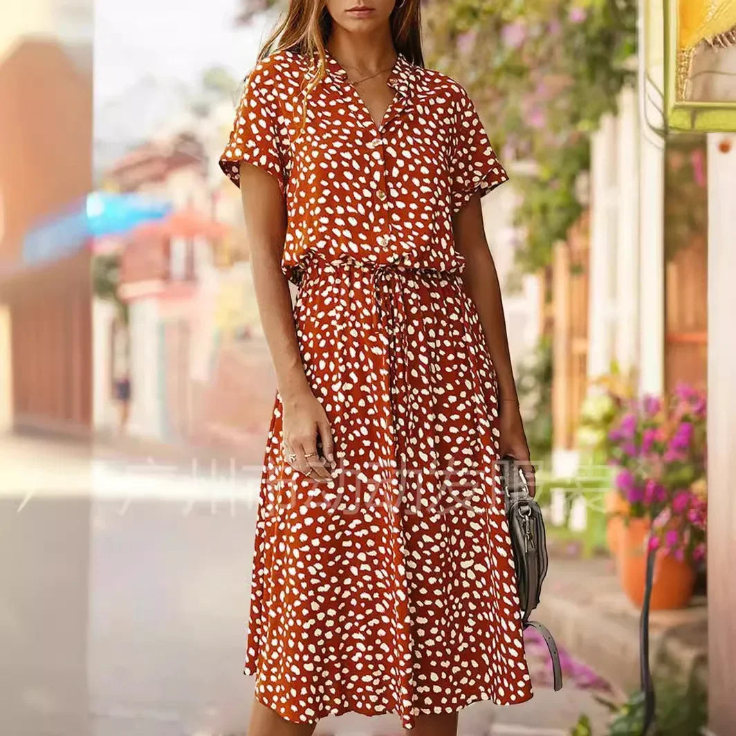 New Fashion Women's Polka Dot Print Short Sleeve Midi Dress Cotton Summer New Arrival Knee-Length Stand Collar Regular Waist