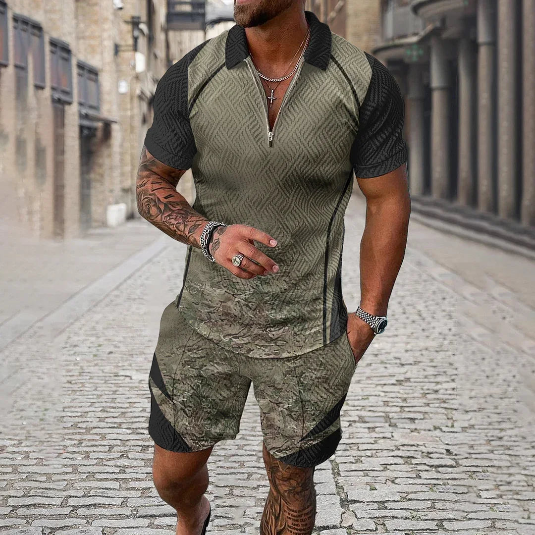 Men Tracksuit Summer New 3D Printed Beach Zipper Polo Shirts Shorts 2 Pcs Sets Boho Geometric Style Holiday Clothing Ropa Hombre