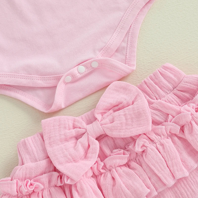 0-18M Newborn Infant Baby Girl Summer Outfits Bow Embroidery Short Sleeve Romper+Tutu Skirt Shorts+Socks +Headband Set