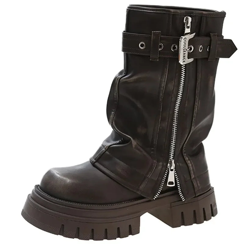 2025 Winter Designer Women Mid-calf Boots Western Short Boots Belt Buckle Soft Leather Boots Fashion Thick Bottom Platform Shoes