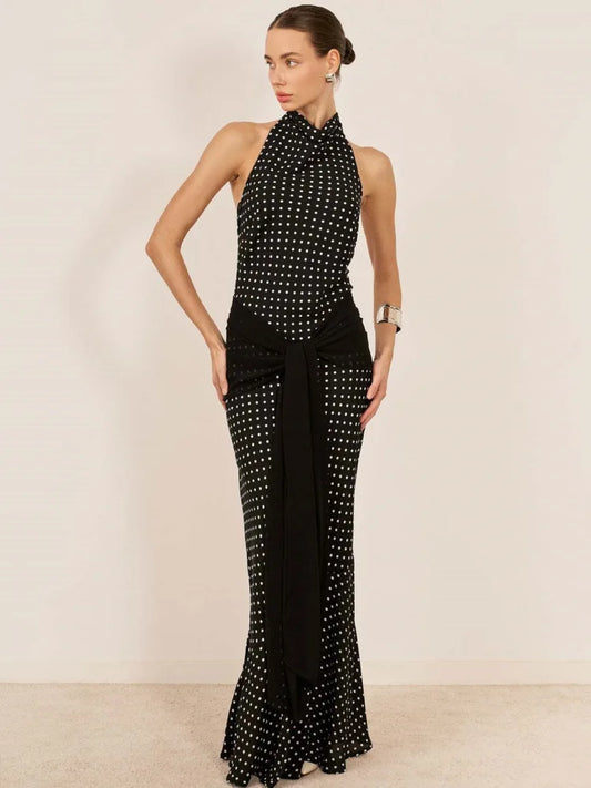 Blifanbo Polka Dot Halter Backless Sexy Maxi Dress Women Gown Ribbon Patchwork Off-shoulder Sleeveless Fashion Club Party Dress