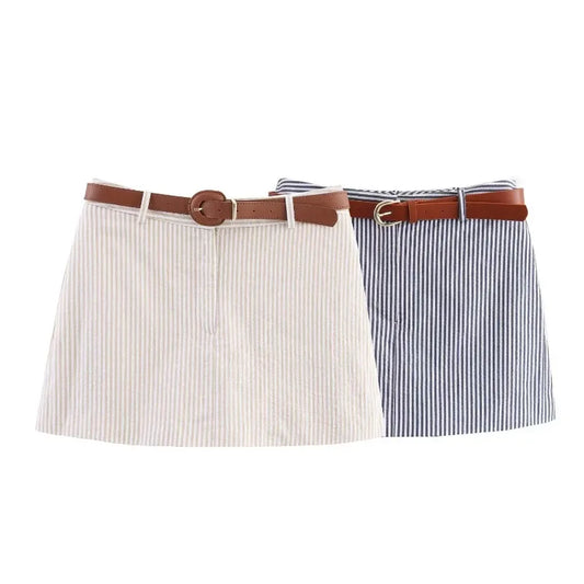 Women Casual Striped Skirts With Belted 2026 Summer Female High Waist A-Line Skirts Elegant Streetwear Lady Chic Shorts Skirts