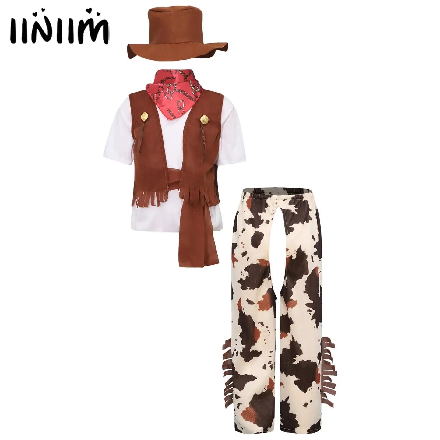 6Pcs Boys Western Cowboy Bandanna Halloween Cosplay Costume Dress Up T-shirt with Pants Vest Hat Bandana And Waistband Set