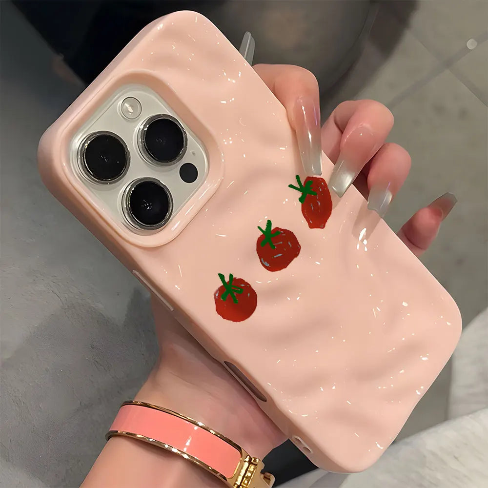 Cute Red Tomato Pattern Wave Texture Phone Case For iPhone 17 Pro Max 16 15 14 13 12 11 Pro 15 Plus Shockproof Soft Back Cover