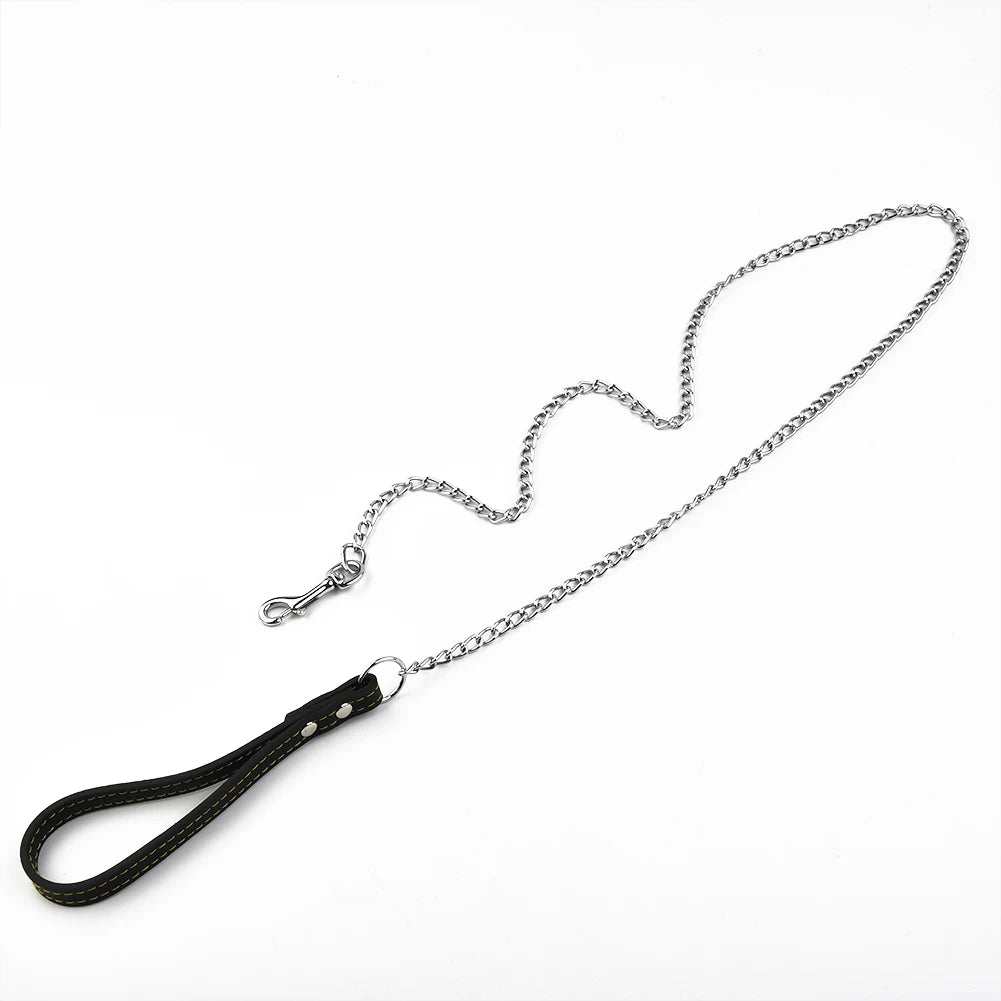 Durable Pet Dog Chain Metal Leash For Small Medium Dog PU Handle Leather Iron Chain Leash Anti-Bite Chain Dog Accessories