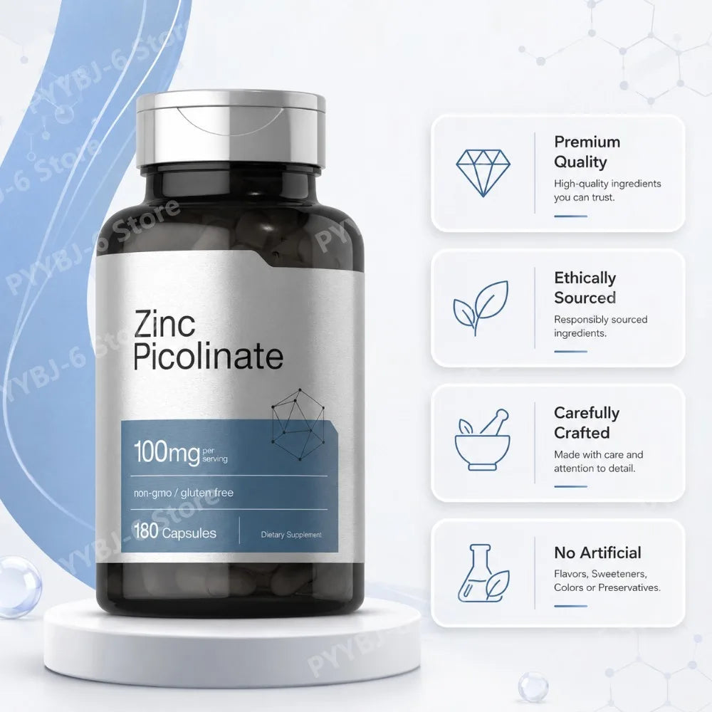 Zinc Picolinate 100mg 180 Capsules Mineral Supplement for Immune Support Skin Hair Nail Wellness Non-GMO Gluten Free for adults