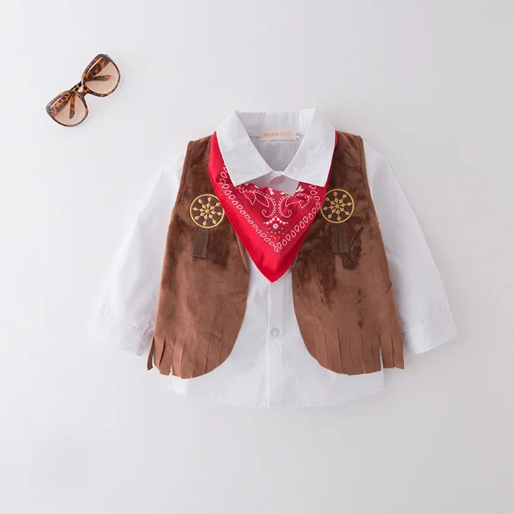 Baby Boys Western Cowboy Romper Sets with Scarf and Hat Toddler Carnival Fancy Dress Cosplay Party Costume Infant Outfitts