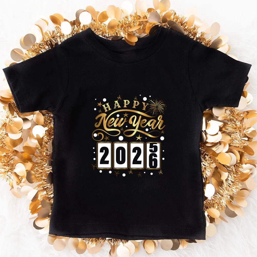 Happy New Year 2026 Family Clothing Dad Mom & Kids Round Neck Tee Baby Bodysuit Hello 2026 New Year Family Look