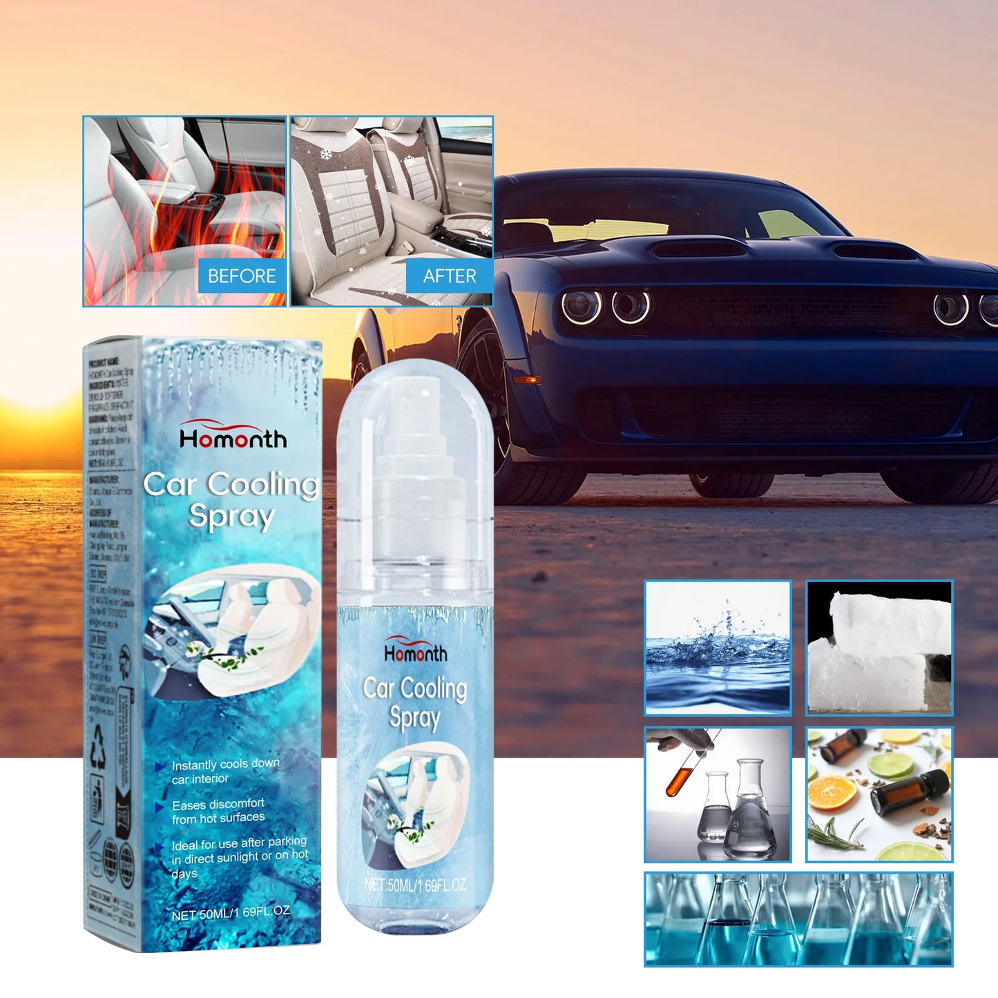 Car Cooling Spray Endothermic Evaporation Reduce Surface Heat Heatstroke Prevention Comfortable Driving Rapid Cooling Agent 50ml
