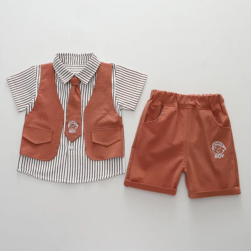 Toddler Summer 1st Birthday Boy Outfit 2024 Korean Style Striped Turn-down Collar Short Sleeve Shirts + Shorts Boys Clothes Sets