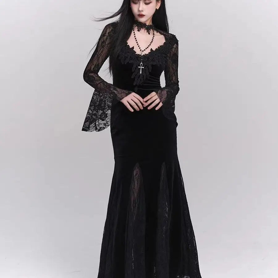 Winter Gothic Black Midi Dress Women Lace Veil Cross Decor Long Sleeve Slim-Fit Party Dress Female Halloween Cosplay Outfit 2025