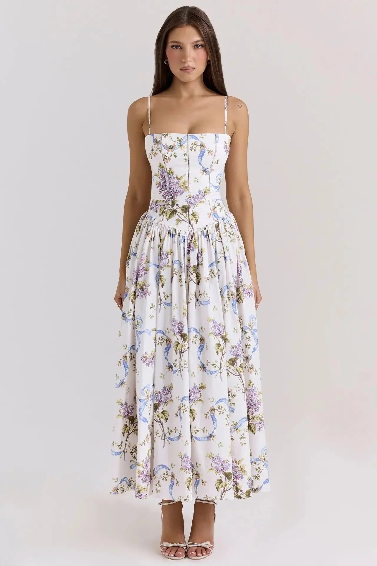Elegant Fairylike French Style Gentle Floral Print Strapless Midi Dress Slimming Women's Fashion High End Feeling Dress