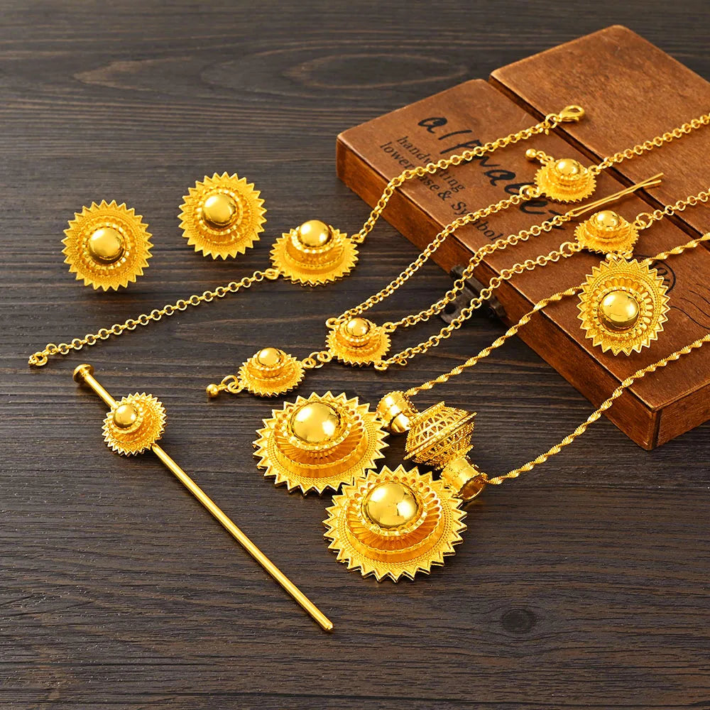 Ethiopian  Jewelry 2pcs Pendant/Necklace/Earring/Ring/Bracelet Gold Color Eritrea Set Man Women's Habesha Wedding Party Gift