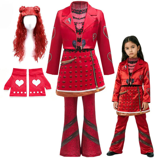 2026 New Movie Cosplay Outfit Girls Red Heart Printed 4Pcs Dress Set Jacket+Top+Skirt+Pants Halloween Costume Descendant Cosplay