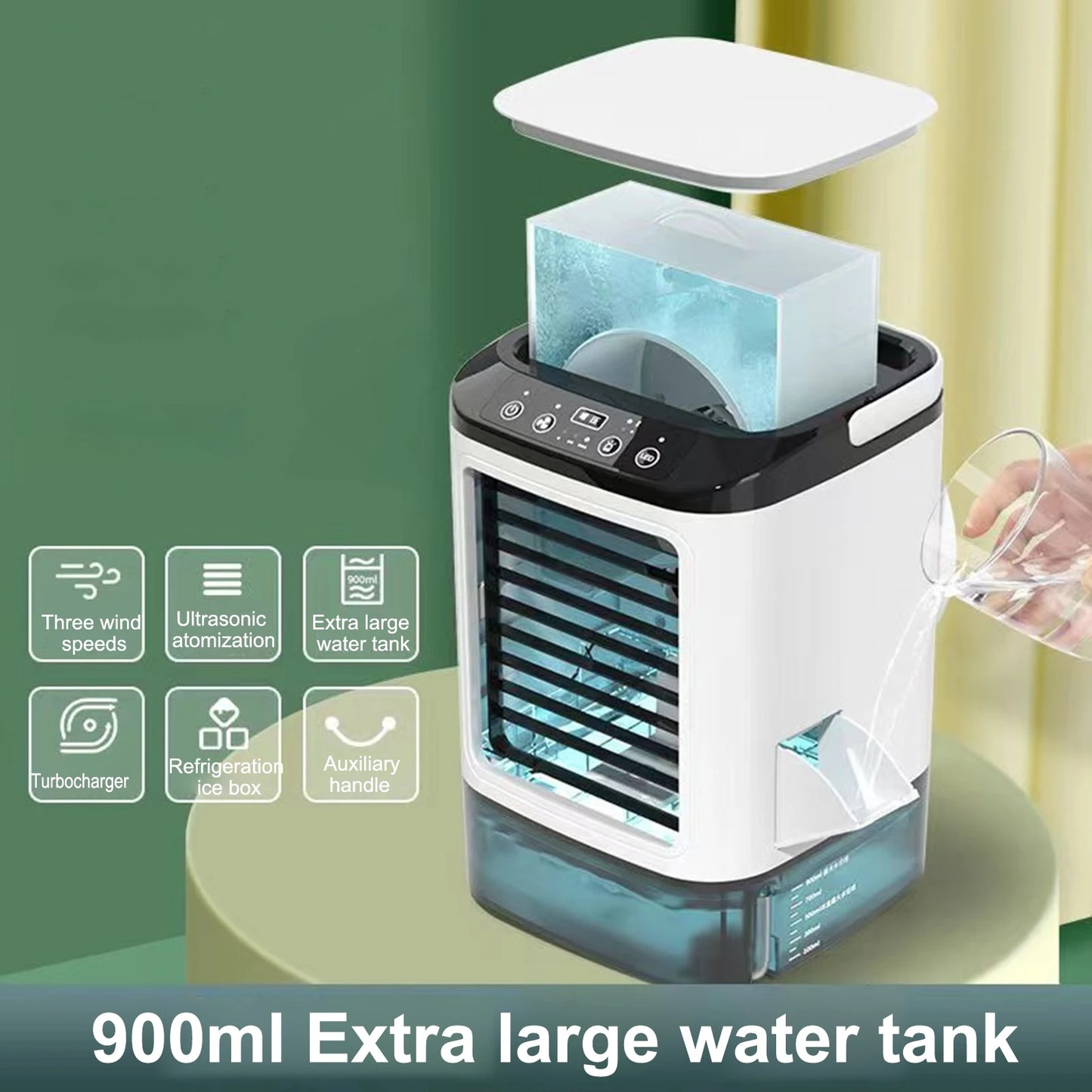Portable Air Conditioner, Desktop Cold Fan with Colorful Atmosphere Light, Evaporative Air Cooler with Ice Box, 3 Wind Speeds