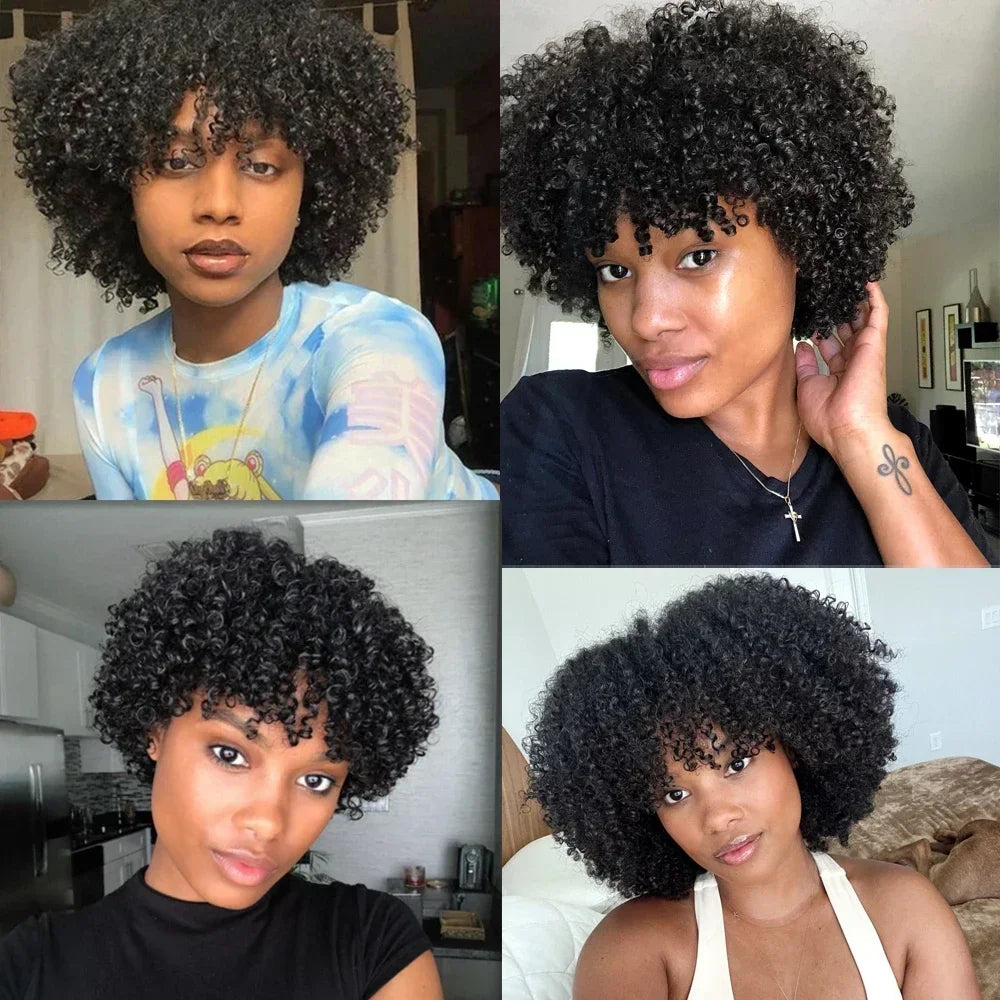 Mongolian Afro Kinky Curly Human Hair Wigs with Bangs Wear To Go Glueless Wig Remy Brazilian Short Curly Bangs Wig Human Hair