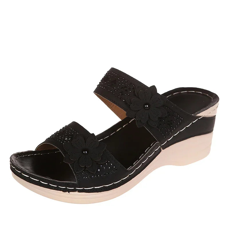 2024 Summer Women Slippers Plus Size Women's Shoes Retro Roman Sandals Women Pu Casual Flower Wedge Sandals Platform Slippers