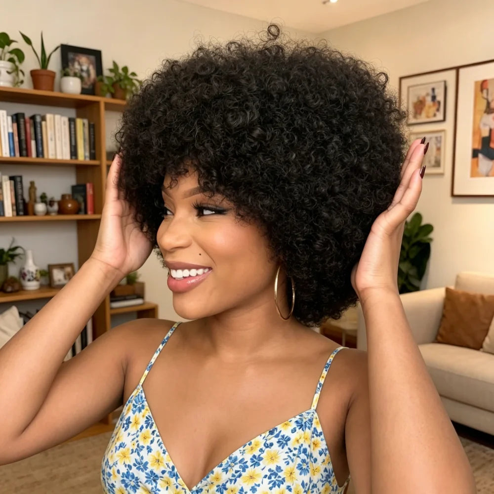 8 Inch Short Afro Kinky Curly Human Hair Wig for Women, full machine made Remy Human Hair Afro Wig with Bangs, Natural Black Cur