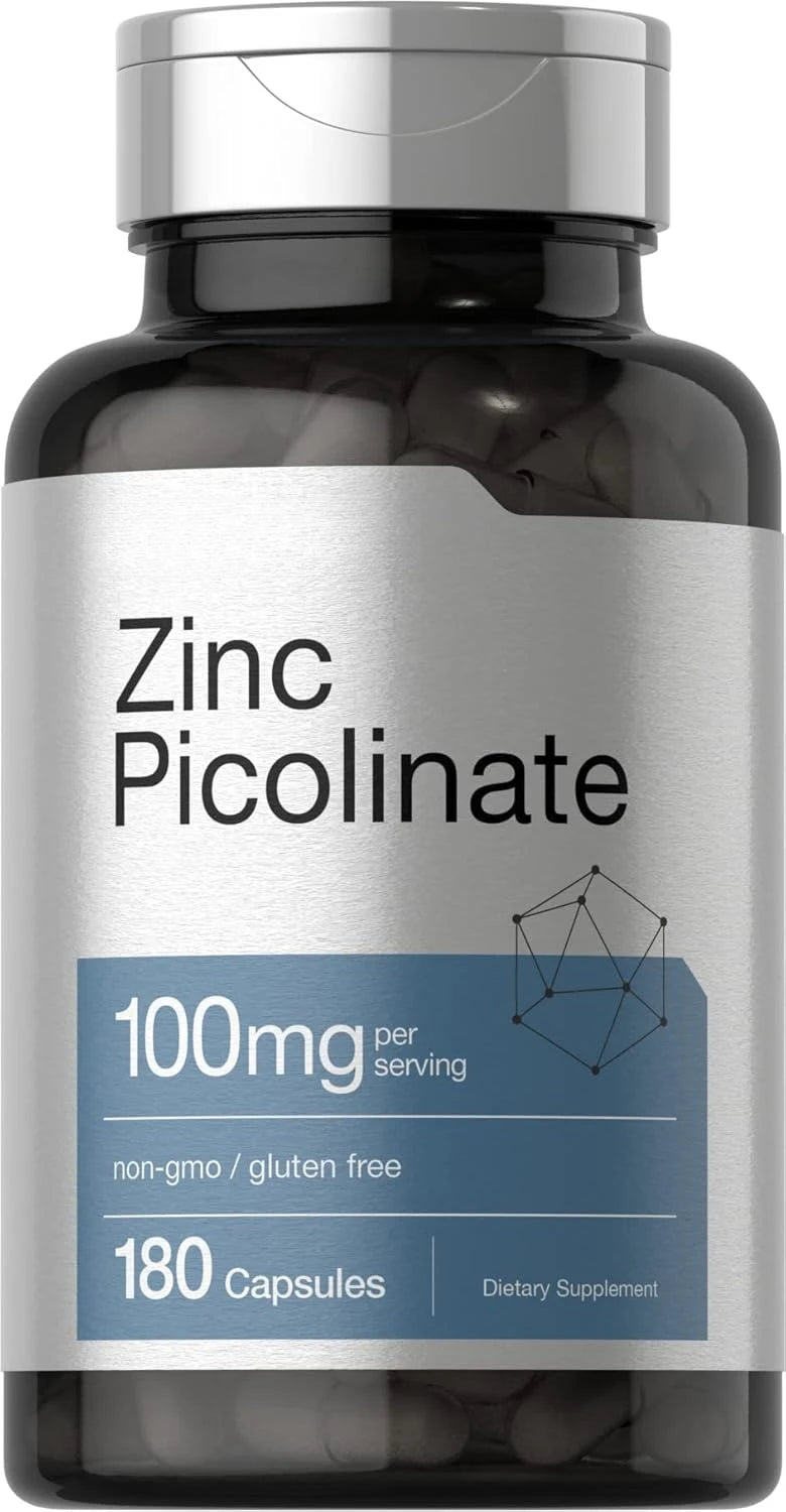 Zinc Picolinate 100mg 180 Capsules Mineral Supplement for Immune Support Skin Hair Nail Wellness Non-GMO Gluten Free for adults