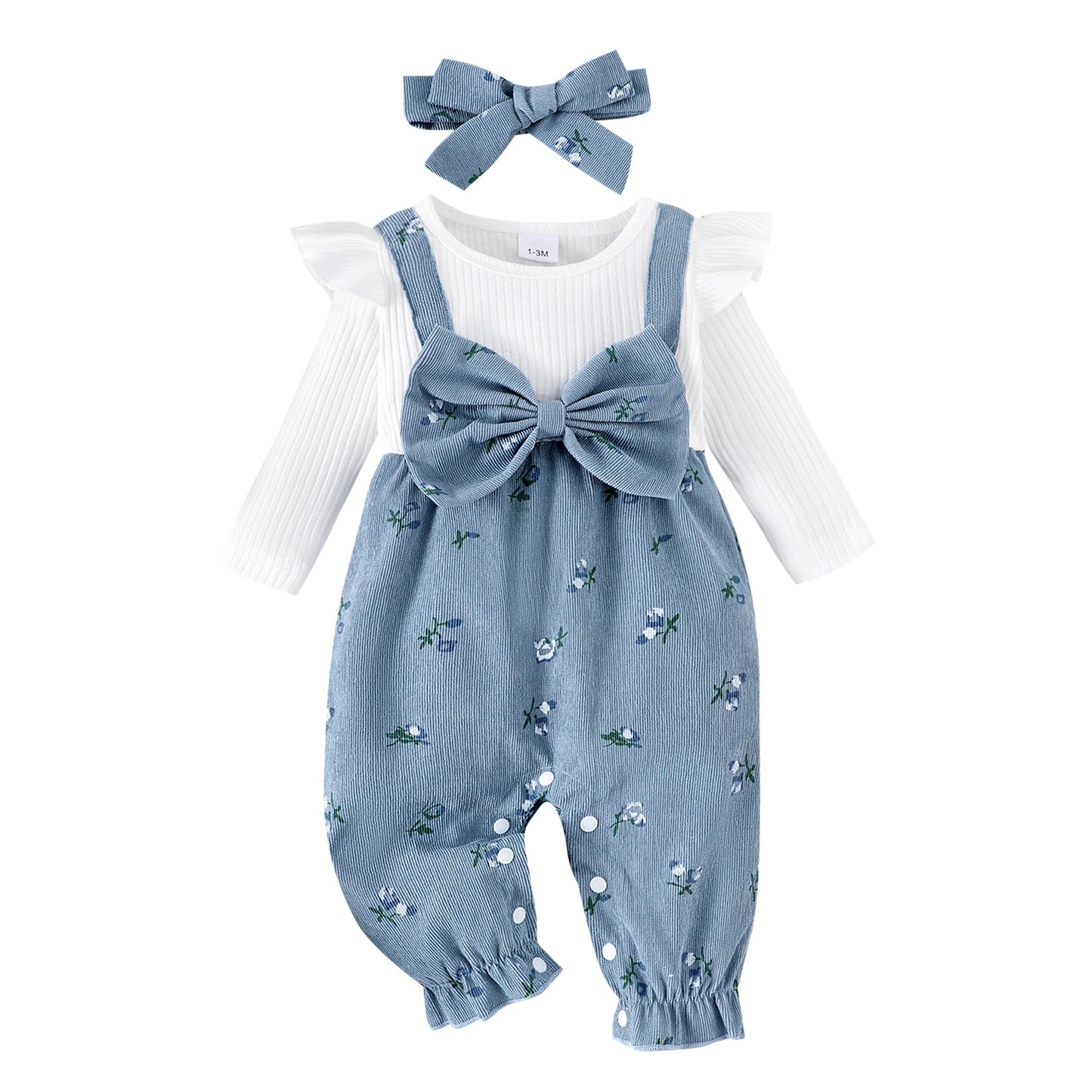Sweety Baby Girls Long Sleeve Romper Floral Print Fake Two Pieces Patchwork Bow Jumpsuits Headband Set