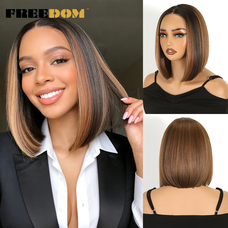 FREEDOM Synthetic Lace Front Wigs For Women 10 inch Short Bob Wig 13x3 Pre Plucked Natural Hairline Ombre Brown Blonde Lace Wig