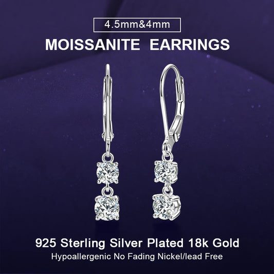 IOGOU D Moissanite Drop Earrings for Women 925 Sterling Silver Leverback Trendy Wedding Fine Jewelry Gift with Certificate